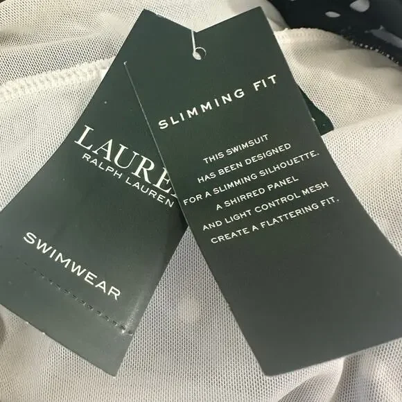 Lauren Ralph Lauren Black White Polka Dot Tummy Control Halter Swimdress 16 NWT - Picture 8 of 12